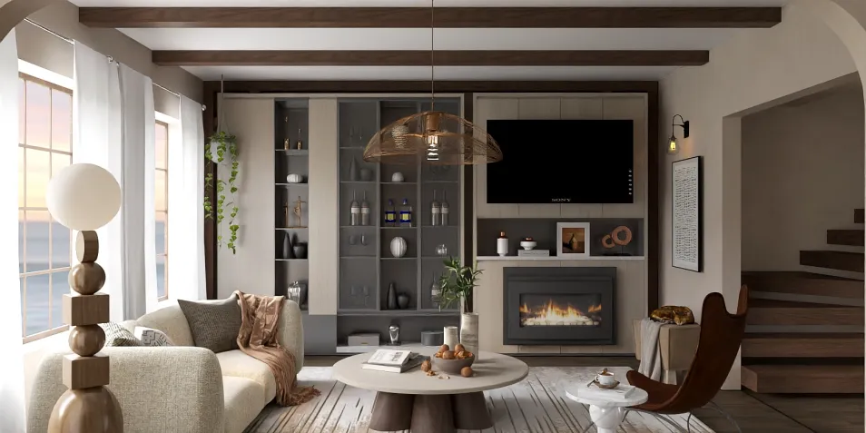 cozy living room with modern furniture arrangement in a neutral tone style showcasing interior design using Homestyler's real-time 3D rendering feature