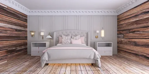 Cozy bedroom design featuring a plush bed with elegant headboard, styled in a modern farmhouse aesthetic, highlighting the value of interior decor through Homestyler's real-time 3D rendering capabilities.