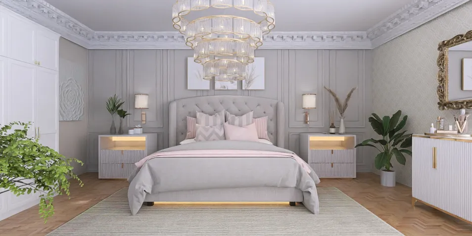 Stylish bedroom featuring a plush bed with elegant bedding, enhanced by a modern chandelier and chic furniture, designed using Homestyler's real-time 3D rendering for stunning interior decor visuals.
