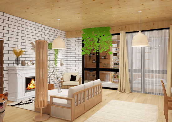 Светлая гостиная с уютной спальней  Design Rendering