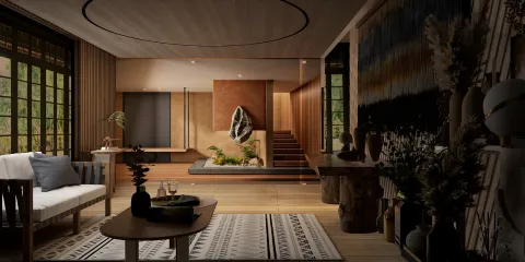 Modern living room with natural elements featuring a revitalizing layout, showcasing a serene ambiance with a Zen garden, utilizing Homestyler's real-time 3D rendering for enhanced visualization.