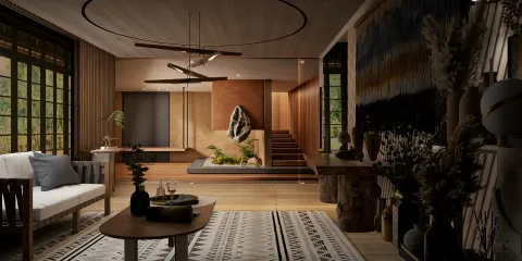 Modern living room design with large windows featuring natural lighting, showcasing a cozy seating arrangement and textured walls; perfect for exploring interior decor ideas using Homestyler's real-time 3D rendering feature to visualize space.