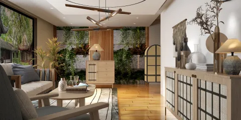 modern living room with cozy furniture arrangement featuring wooden accents and green plants, showcasing interior decor optimization using Homestyler's smart furniture placement feature.