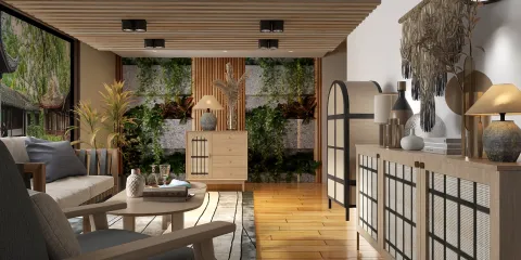 A cozy living room featuring vibrant indoor plants, showcasing modern furniture arrangement in a natural style, enhancing the space's aesthetic value; includes Homestyler's real-time 3D rendering feature for design previews.