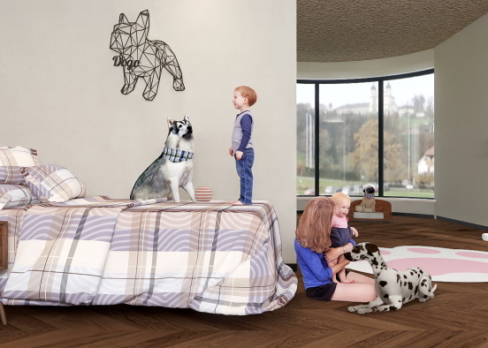 Mother and her children in dog apartment Design Rendering