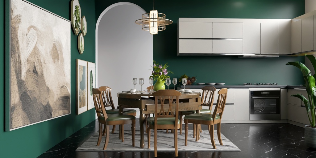 a kitchen with a table and chairs and a light 