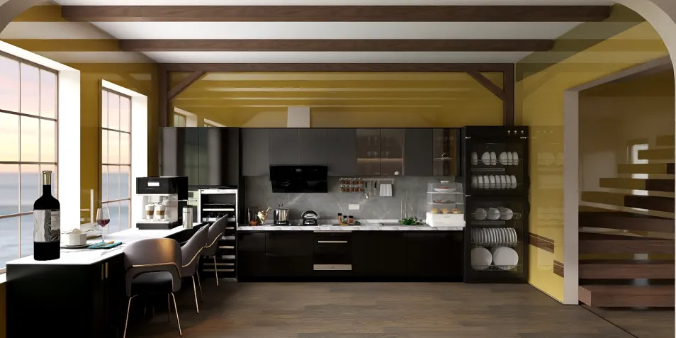 modern kitchen design featuring a black color scheme and wooden beams with an emphasis on a spacious and functional layout, showcasing Homestyler's real-time 3D rendering feature for effective interior decor visualization.