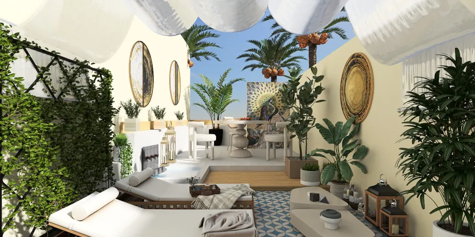 cozy outdoor lounge area showcasing modern furniture arrangement with lush greenery and decorative elements in a tropical style, highlighting Homestyler's real-time 3D rendering feature.