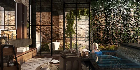 modern bathroom design featuring a luxurious spa area with a relaxing jacuzzi, showcasing a blend of natural and contemporary styles, ideal for creating a tranquil retreat using Homestyler's 3D rendering capabilities.