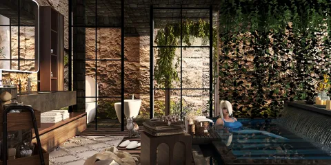 luxurious bathroom design featuring a relaxing spa atmosphere with a soaking tub surrounded by lush greenery and stone accents, showcasing Homestyler's real-time 3D rendering capabilities for interior decor visualization.