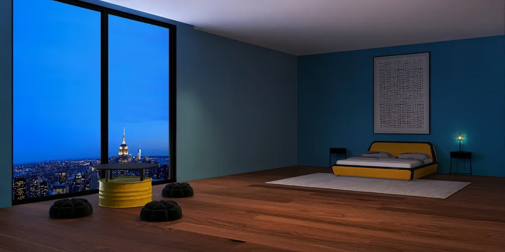 a room with a blue wall and a blue floor 
