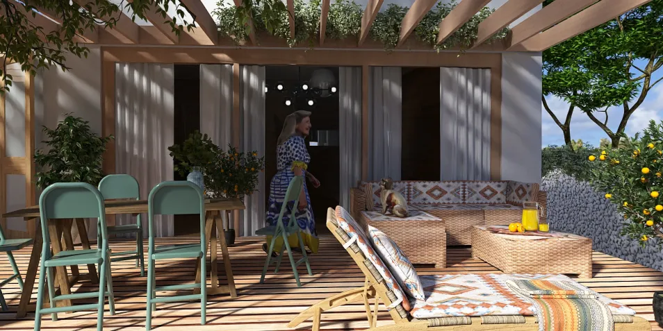 outdoor seating area with a woman interacting, showcasing a cozy rustic design in a patio space, featuring Homestyler's real-time 3D rendering for visualization.