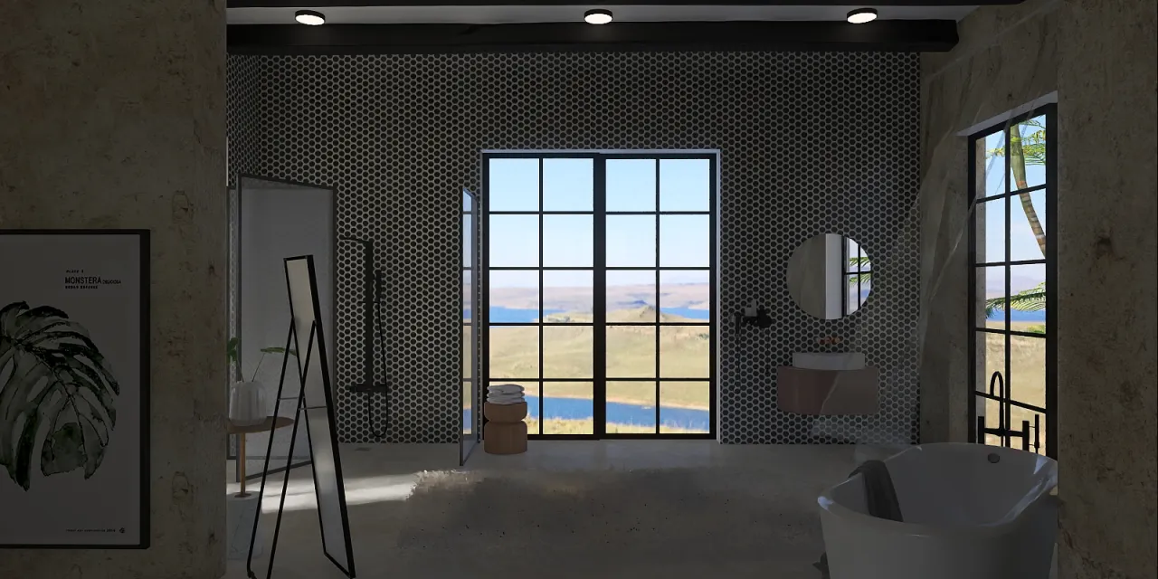 a bathroom with a tub and a window 