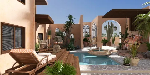 outdoor patio with swimming pool featuring cozy lounge chairs and desert plants in a Mediterranean style, enhanced with Homestyler's real-time 3D rendering for effective interior design visualization.