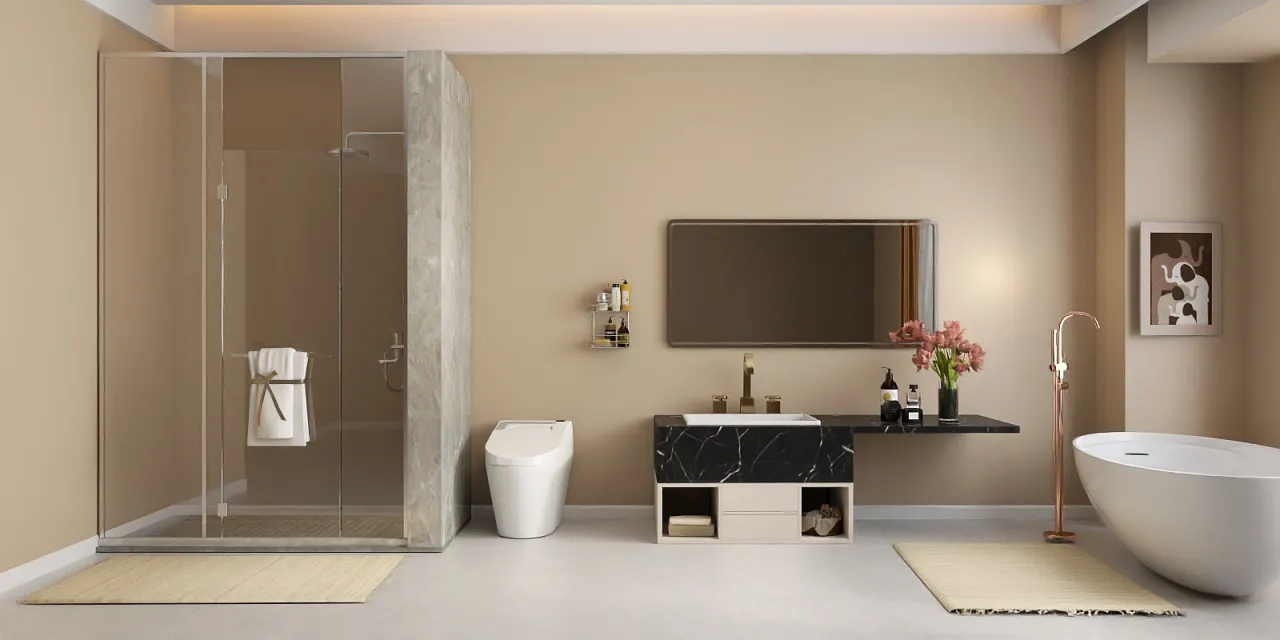 a bathroom with a sink, toilet, and shower 