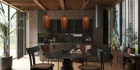 modern dining area featuring bamboo elements and pendant lighting designed in a contemporary style, showcasing Homestyler's real-time 3D rendering for immersive interior visualization