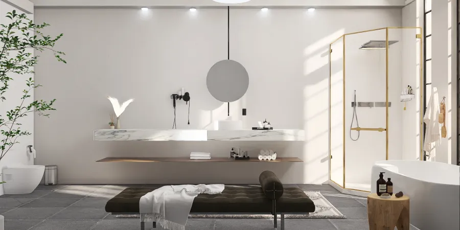 a bathroom with a large mirror and a large tub 
