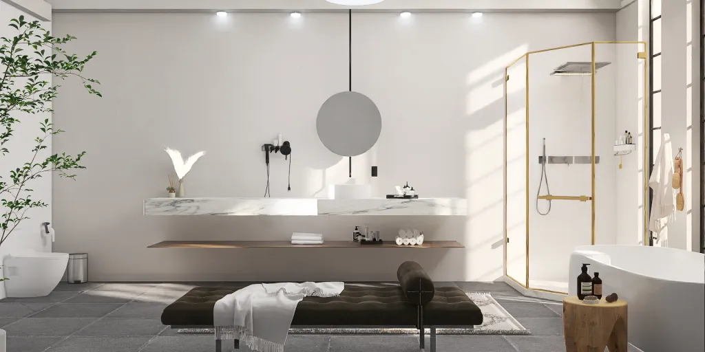 a bathroom with a large mirror and a large tub 