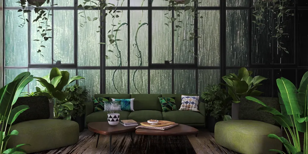 a living room with a couch, table, and plants 