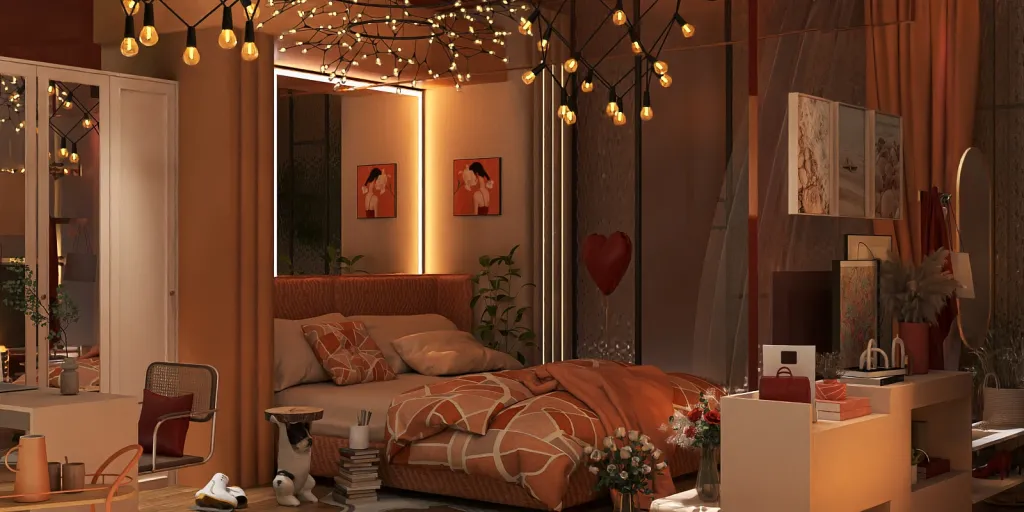 a bedroom with a bed, lamps, and a window 
