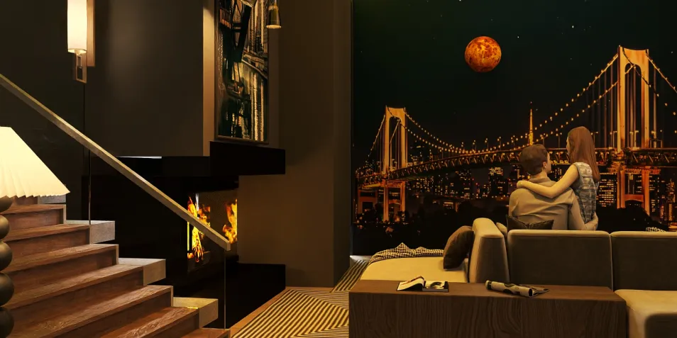 couple enjoying a romantic evening in a modern living room with a city skyline mural, showcasing a nighttime view, featuring cozy furniture and warm lighting, highlighting interior design for living spaces, facilitated by Homestyler's real-time 3D rendering feature.