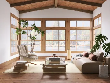 cozy living room with large windows showcasing natural light and greenery, using Homestyler's real-time 3D rendering for a warm and inviting interior design experience.