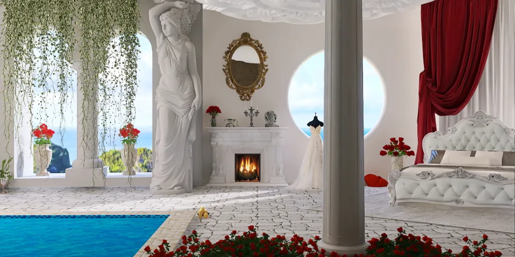 a room with a fireplace, a bed, and a large mirror 