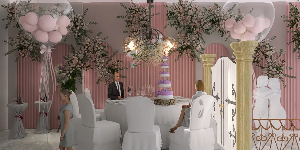a room with a table, chairs, and a vase with flowers 