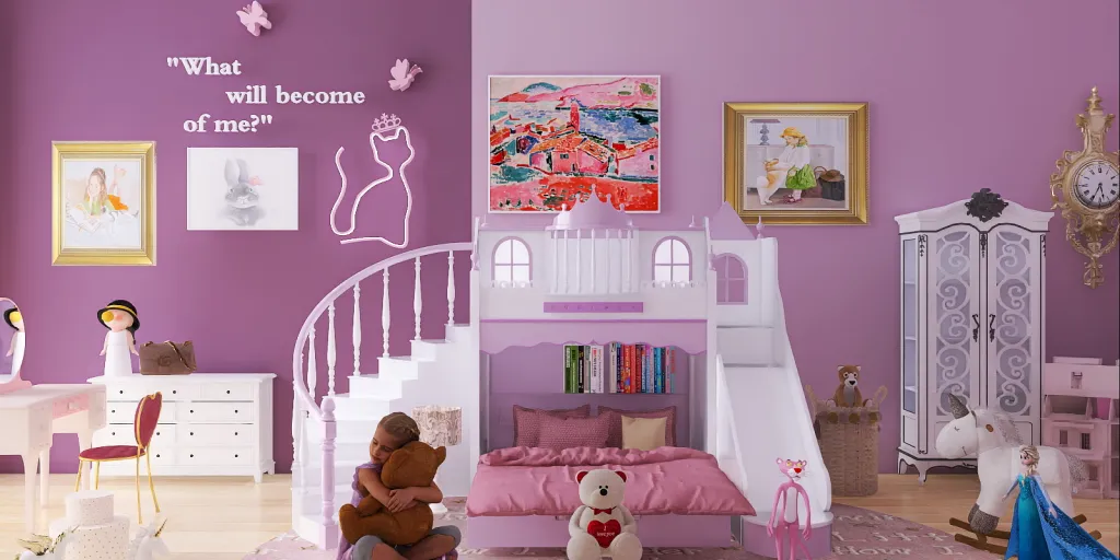 a bedroom with a pink bed and a pink wall 