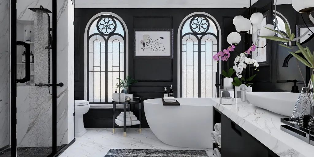 a bathroom with a tub, sink and a mirror 