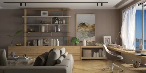 Cozy living room showcasing a modern shelving unit and workspace with an elegant sofa, featuring rustic design elements for enhanced comfort, highlighting Homestyler's real-time 3D rendering capabilities.