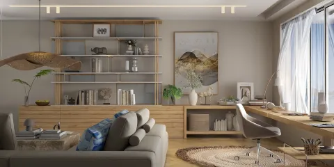 Stylish living room with wooden shelving displaying decorative items and plants, featuring a modern sofa and office workspace with a chair, designed using Homestyler's real-time 3D rendering feature for quick design proposals.