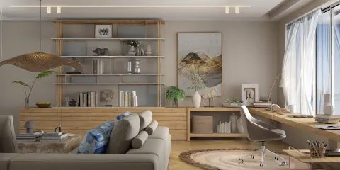 cozy living room with minimalist shelving and workspace arrangement featuring natural wood materials, designed using Homestyler for optimal interior decor visualizations.