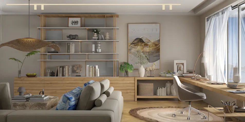 cozy living room with minimalist shelving and workspace arrangement featuring natural wood materials, designed using Homestyler for optimal interior decor visualizations.