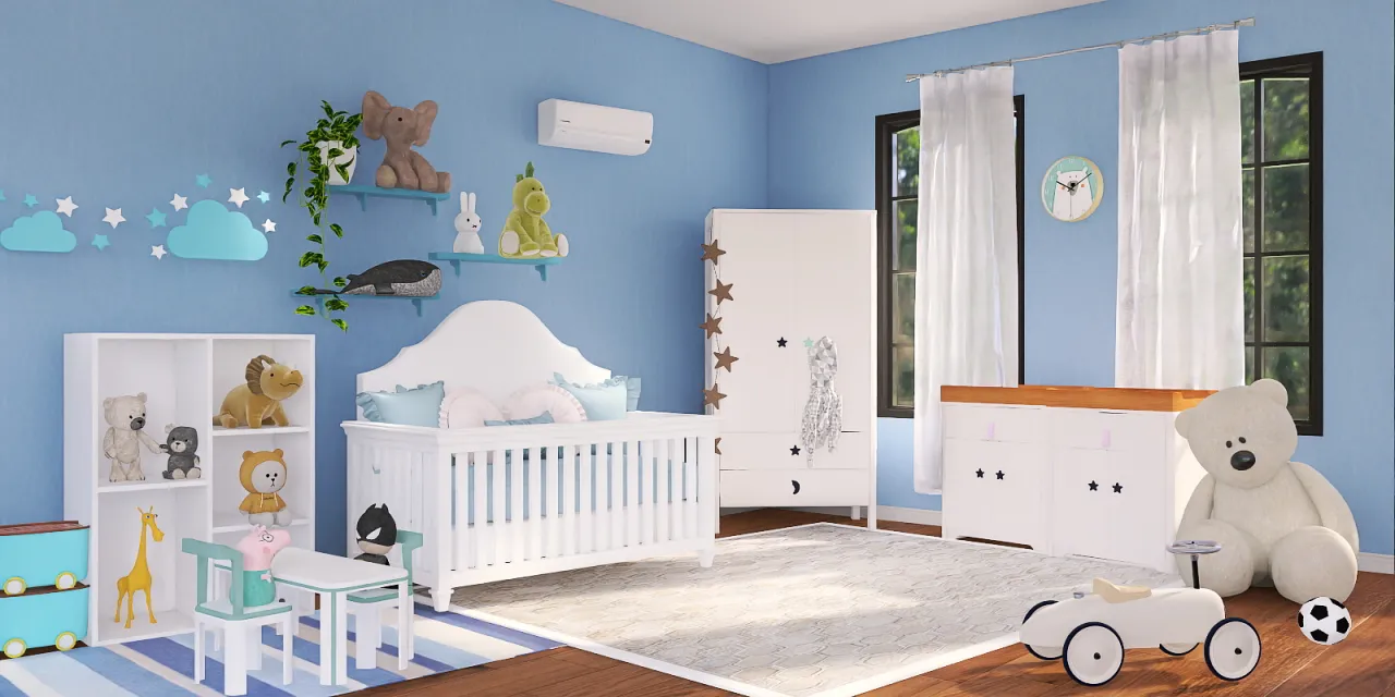 a small child's bedroom with a bed, crib, and a painting 