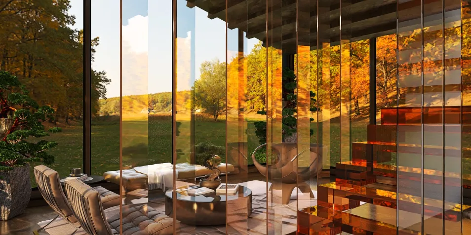 modern living room with large glass windows showcasing autumn scenery, featuring a cozy seating arrangement, designed using Homestyler's real-time 3D rendering for interior decor.
