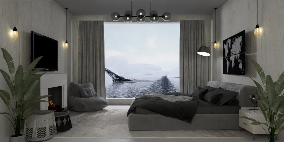 modern bedroom design featuring a cozy layout with gray tones and large windows overlooking a scenic view, utilizing Homestyler's real-time 3D rendering for effective interior decoration.