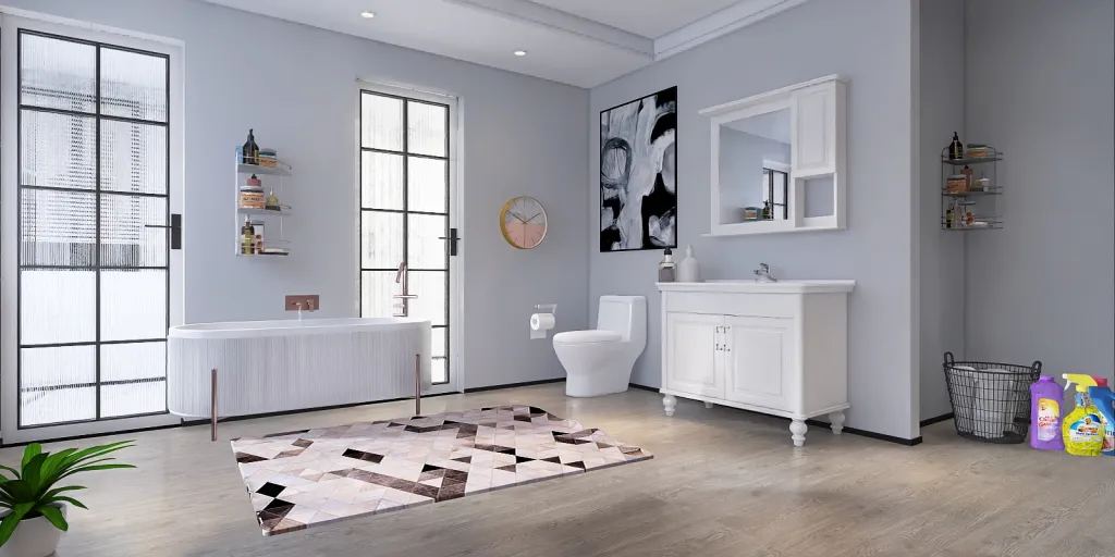 a bathroom with a white rug and a white floor 