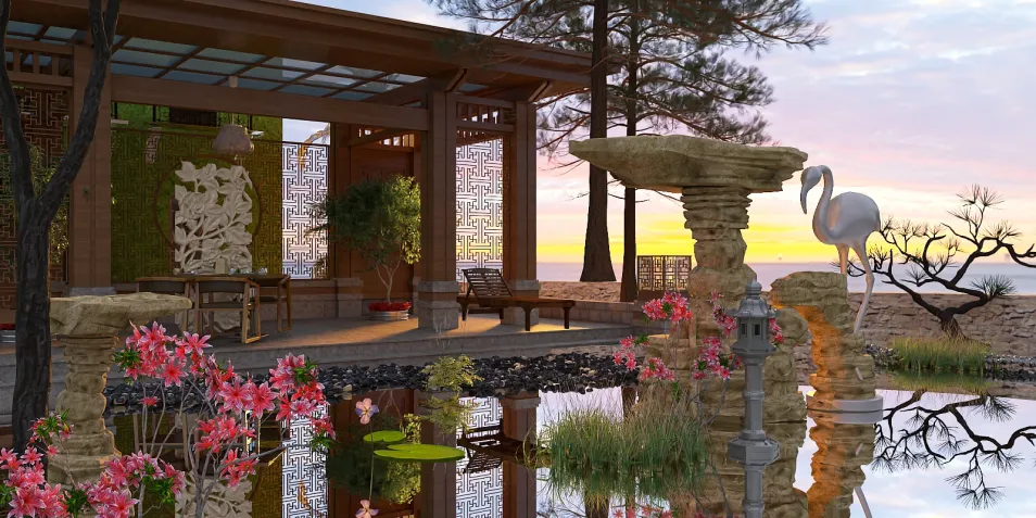 Elegant outdoor garden featuring a serene water pond with blooming flowers and a stone lantern, following traditional Asian style, enhancing space tranquility with Homestyler's real-time 3D rendering capability.