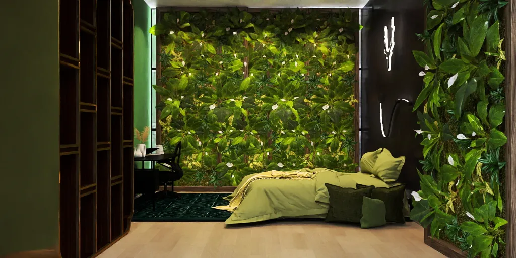 a bed in a room with a green wall 