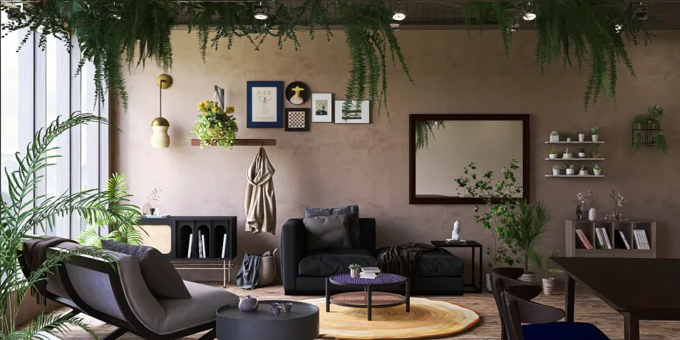 cozy living room with modern furniture featuring greenery elements, showcasing a contemporary interior design style; ideal for visualizing interior decor layouts using Homestyler's real-time 3D rendering feature.