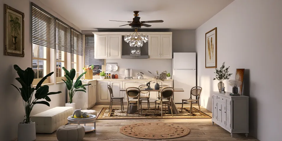 Modern kitchen interior design featuring a stylish dining area with elegant furniture and a cozy ambiance, showcasing smart furniture arrangement for space optimization, powered by Homestyler's real-time 3D rendering.