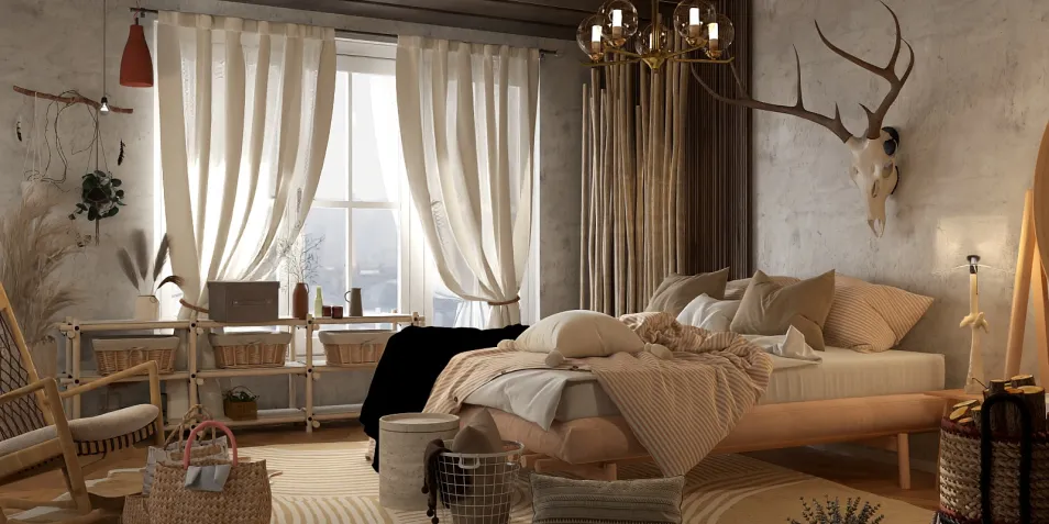 cozy bedroom design featuring a contemporary bed arrangement with soft linens, rustic decor elements and natural light, utilizing Homestyler's real-time 3D rendering for quick visualization.
