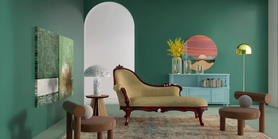 a living room with a couch, chair, and a painting 