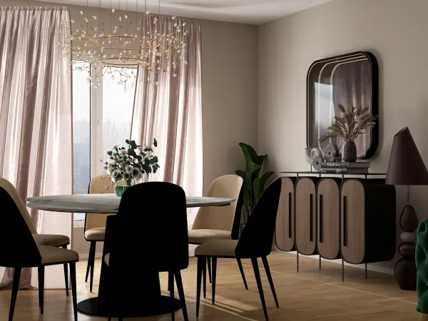dining room with stylish table arrangement featuring modern chairs and elegant decor in a contemporary style, showcasing interior design with Homestyler's real-time 3D rendering feature.
