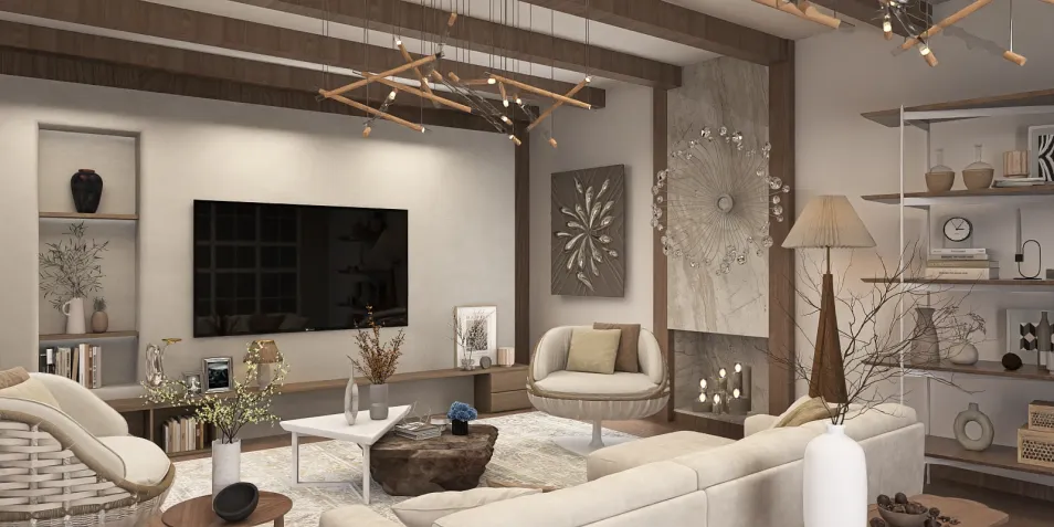 modern living room with elegant furniture arrangement showcasing a cozy atmosphere, using Homestyler's real-time 3D rendering feature to visualize interior decor design.
