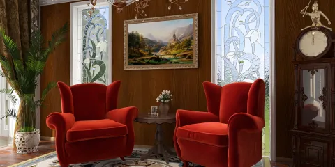 Two red armchairs positioned around a small table, featuring a classic landscape painting on the wall, designed in a luxurious traditional style, showcasing a cozy living room ambiance; includes Homestyler's real-time 3D rendering feature for a quick design preview.