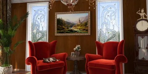 red armchairs placed beside a decorative table, showcasing a vintage painting and elegant stained glass windows, highlighting classic interior design aesthetics, utilizing Homestyler's real-time 3D rendering feature.