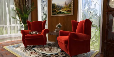 Two plush red armchairs positioned for comfort in a cozy living room, showcasing a classic decor style with elegant detailing, emphasizing a relaxing atmosphere; featuring Homestyler's real-time 3D rendering for an accurate design preview.