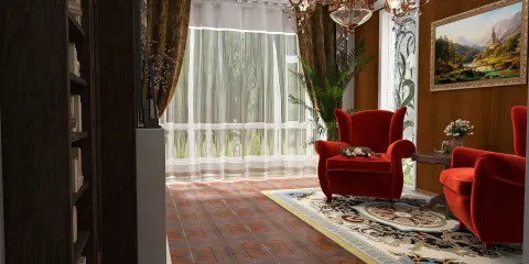 red armchairs in a bright living room displaying a classic design style, showcasing Homestyler's real-time 3D rendering feature for immersive interior decor visualization.